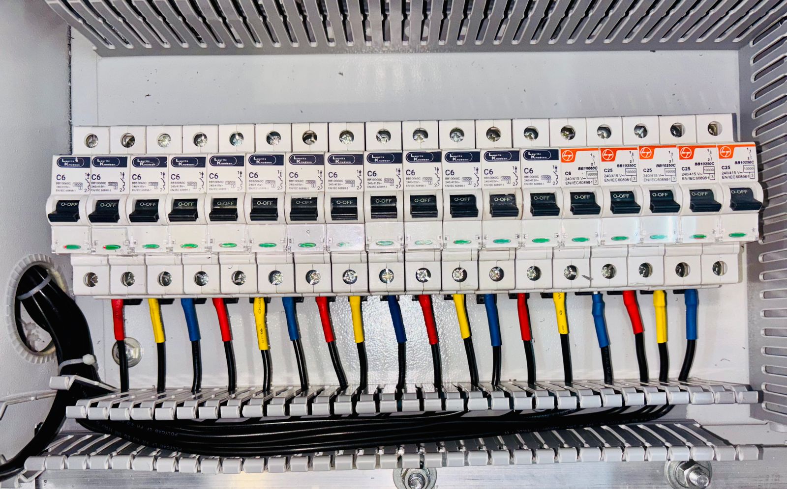 Modern 200 amp circuit breaker panel with organized wiring